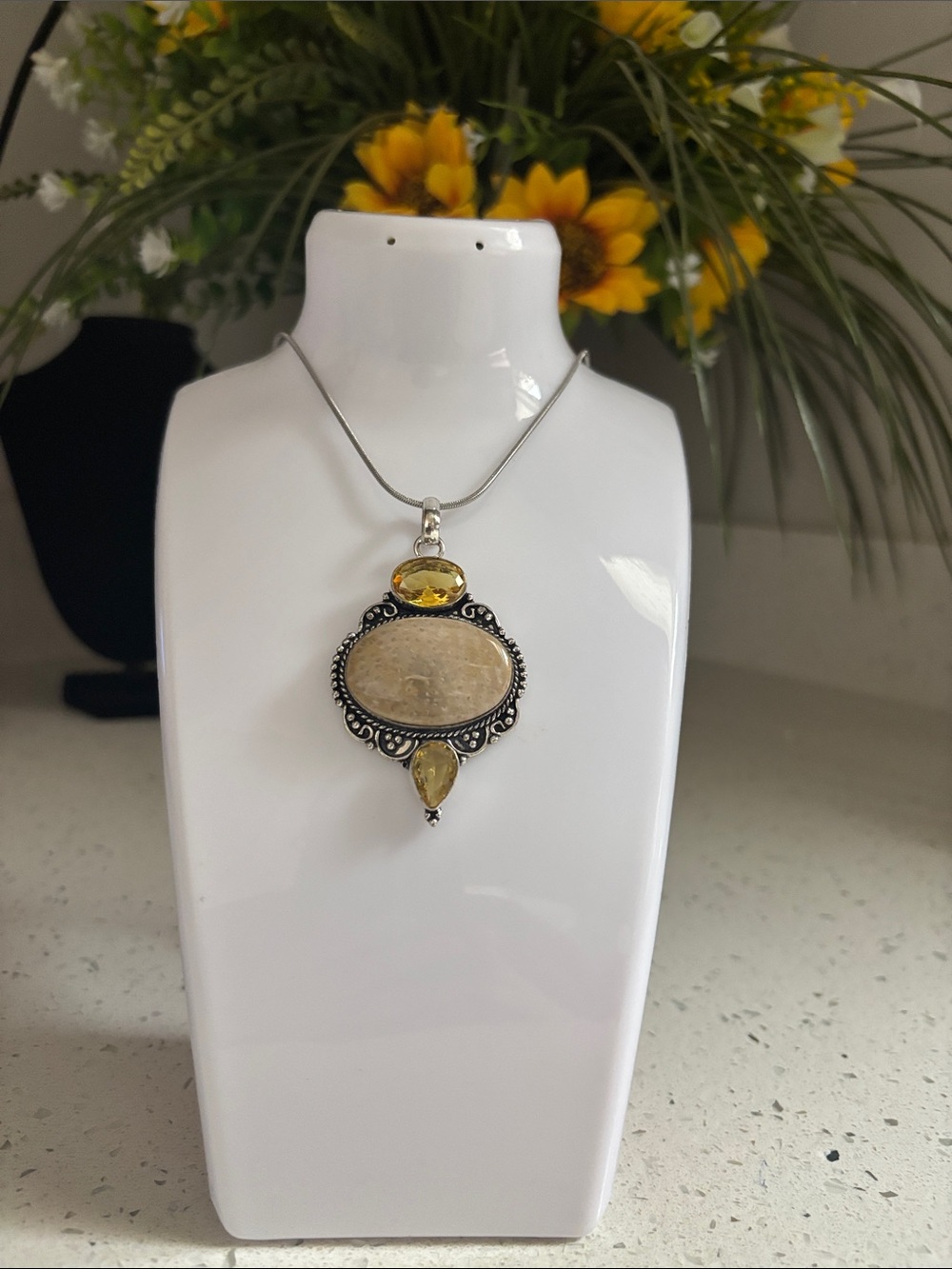 Hand Crafted Beige Fossil Coral and Yellow Citrine Silver Pendant